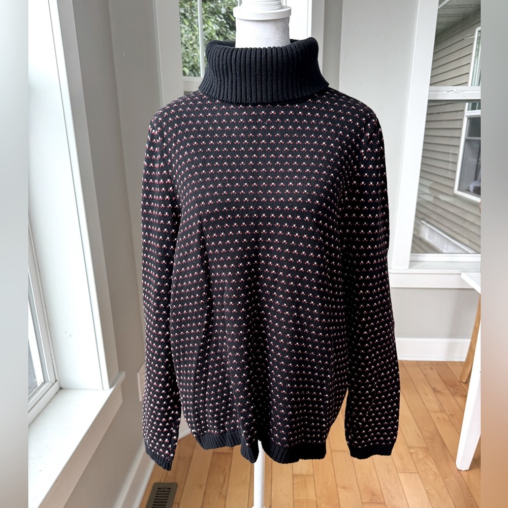 Vintage Karen Scott Black Red Heart Knit Cotton Turtleneck Sweater Size Large